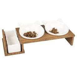 Duvoplus - Ecuelle Double Dinner Blanc Et Bois Pour Chat - 41,5cm -Chats Chiens Articles Magasin 73287